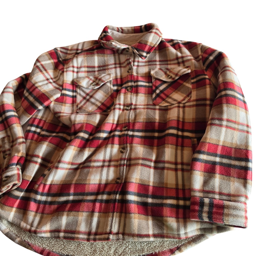 Sage Collective Mens Red Tan Plaid Sherpa Lined Fleece Shirt Jacket Large L